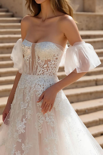 Off The Shoulder Ivory Appliqued Sweep Train Wedding Dress